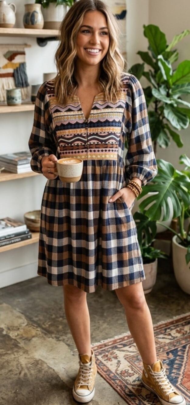 Adorable Boho Hayden Babydoll Dress with Aztec-Inspired Embroidered Bodice